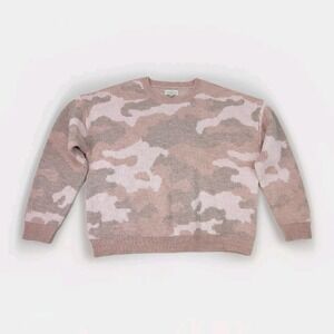 Lucky Brand Pullover Sweater Women Size XL Pink Gray Camo Wool Blend Ribbed Crew